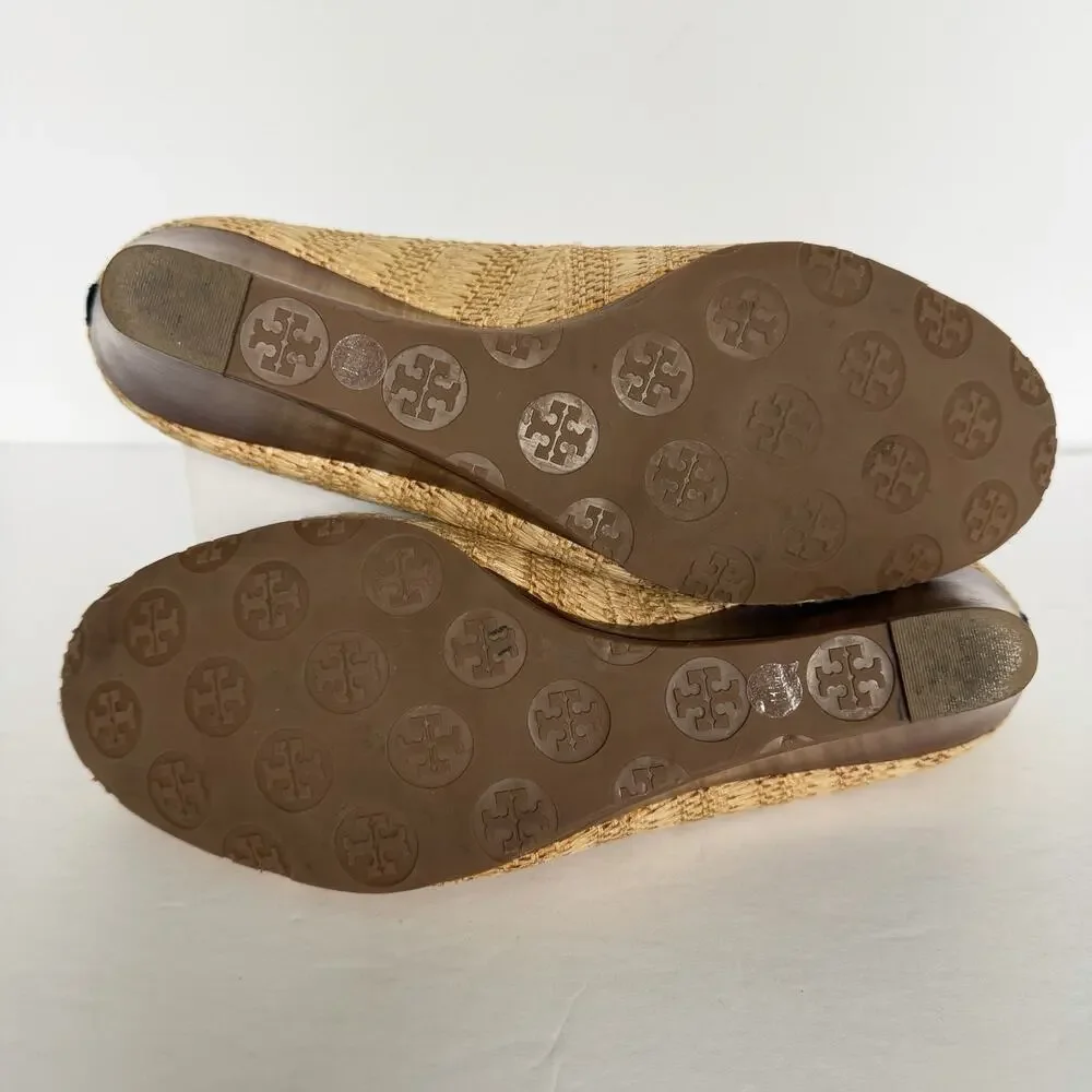 Tory Burch Sally Raffia Wedge Heel Shoes Size 11 Black Leather Lg Logo Career